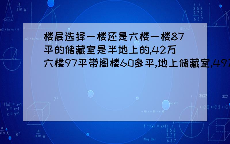 楼层选择一楼还是六楼一楼87平的储藏室是半地上的,42万六楼97平带阁楼60多平,地上储藏室,49万户型差不多,都不是搂头,两室两厅价格上也都行.我想要六楼的,妈妈嫌六楼高主要是俩人住,无老