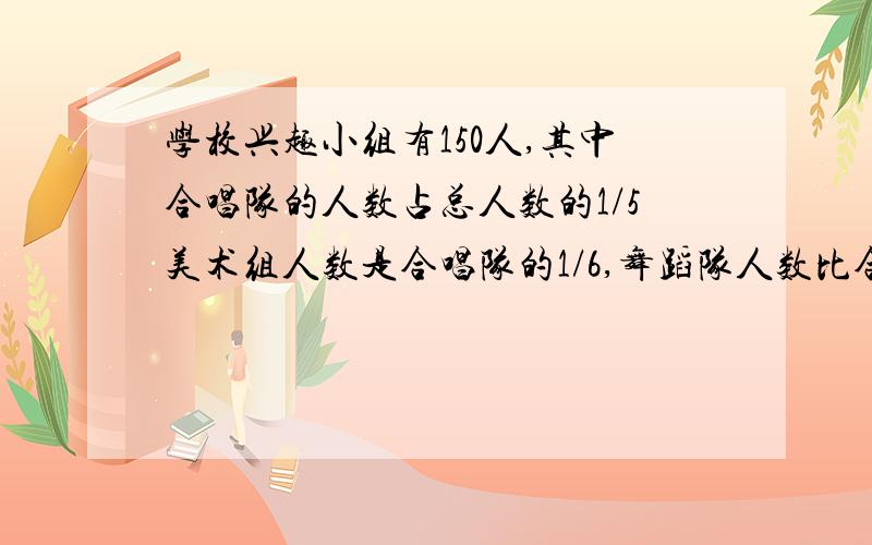 学校兴趣小组有150人,其中合唱队的人数占总人数的1/5美术组人数是合唱队的1/6,舞蹈队人数比合唱队多1/15.根据提供的条件,计算出这三个小组的人数.