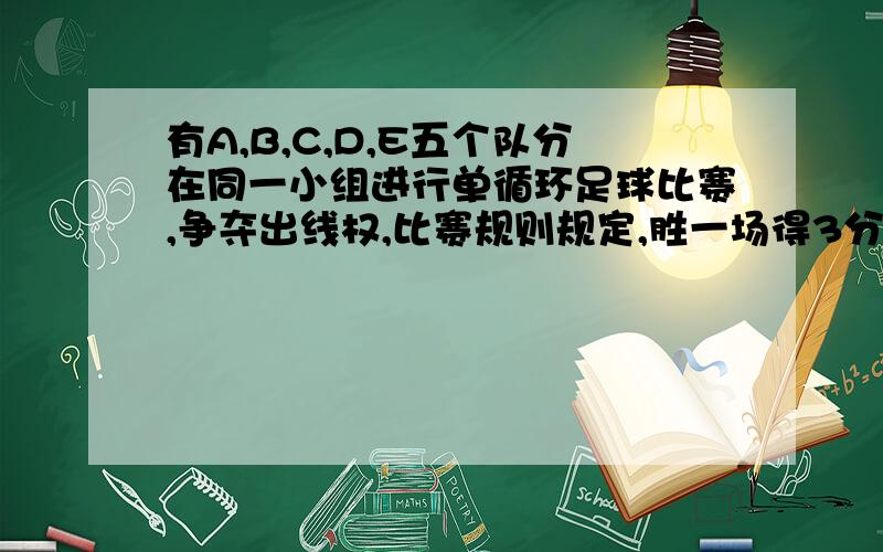 有A,B,C,D,E五个队分在同一小组进行单循环足球比赛,争夺出线权,比赛规则规定,胜一场得3分,平一场得1分,负一场得0分,小组中名次在前的两个队出线,小组比赛结束后A队的积分为10分.（1）A队的