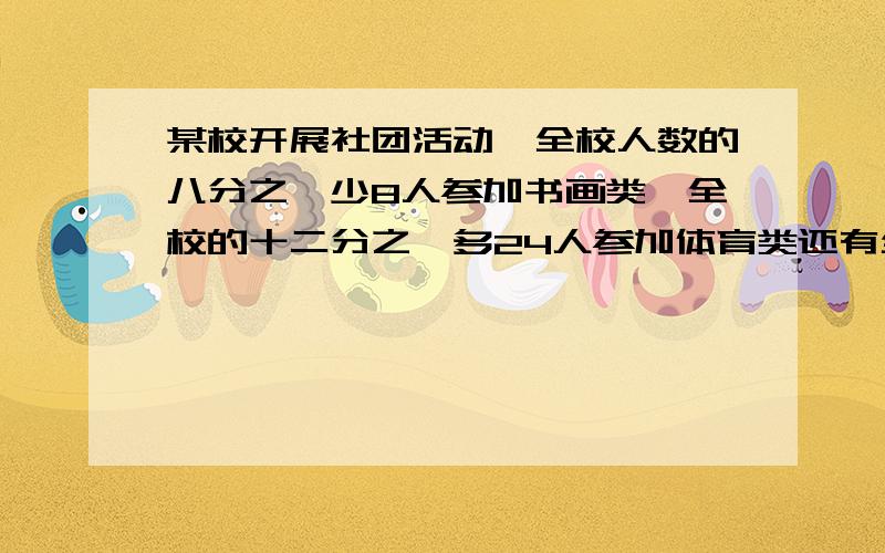 某校开展社团活动,全校人数的八分之一少8人参加书画类,全校的十二分之一多24人参加体育类还有全校人数的四分之三参加其他项目,这个学校多少人?