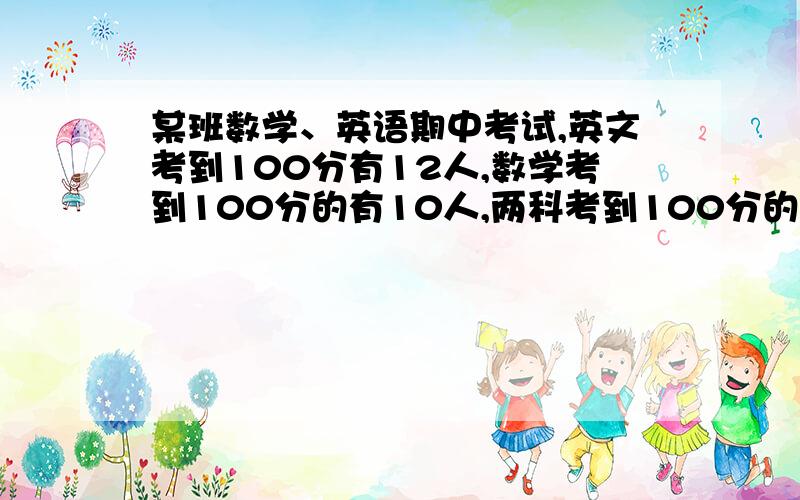 某班数学、英语期中考试,英文考到100分有12人,数学考到100分的有10人,两科考到100分的有3人两科功课都末得100分的有26人,求这个班的人数?