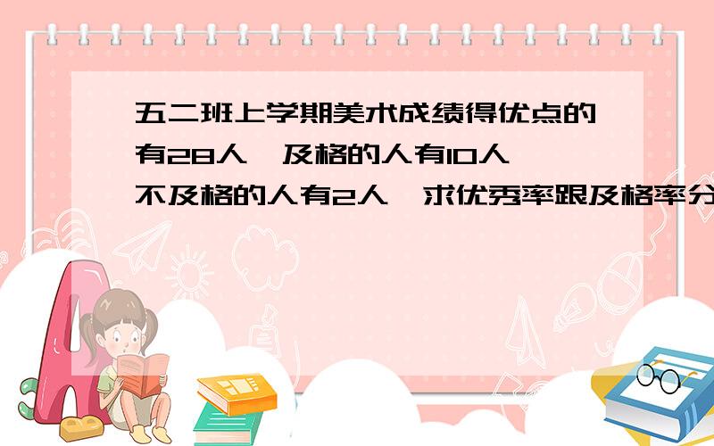 五二班上学期美术成绩得优点的有28人,及格的人有10人,不及格的人有2人,求优秀率跟及格率分别是多少