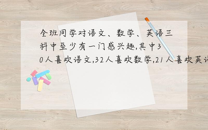 全班同学对语文、数学、英语三科中至少有一门感兴趣,其中30人喜欢语文,32人喜欢数学,21人喜欢英语,既喜欢语文又喜欢英语的有14人,既喜欢语文又喜欢英语的有12人.三门都喜欢的有8人,求全