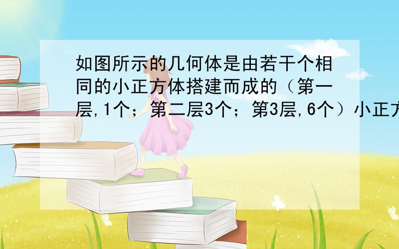 如图所示的几何体是由若干个相同的小正方体搭建而成的（第一层,1个；第二层3个；第3层,6个）小正方体的一个侧面的面积为1cm的平方（1）今要用红颜色给这个几何体的表面着色（但底部不