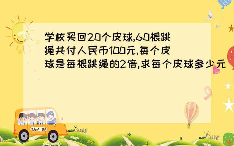 学校买回20个皮球,60根跳绳共付人民币100元,每个皮球是每根跳绳的2倍,求每个皮球多少元