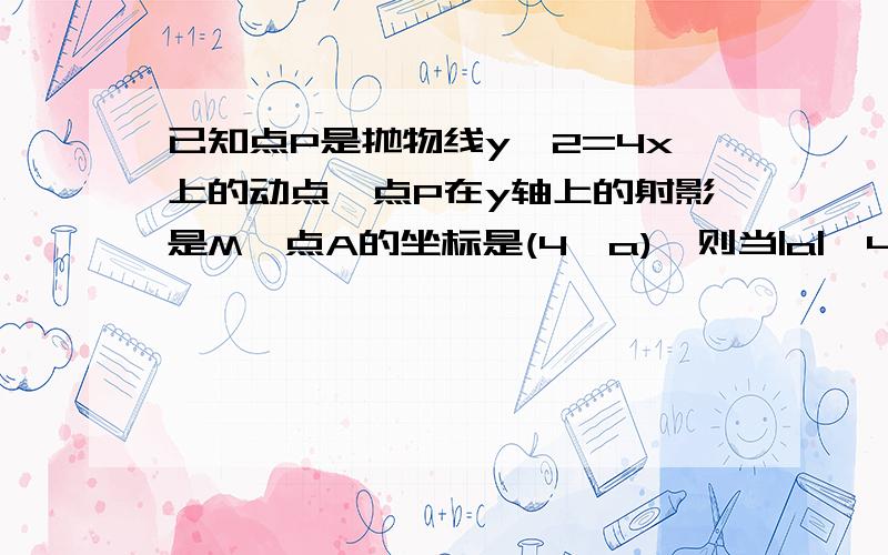 已知点P是抛物线y^2=4x上的动点,点P在y轴上的射影是M,点A的坐标是(4,a),则当|a|>4时,PA+PM的最小值是?