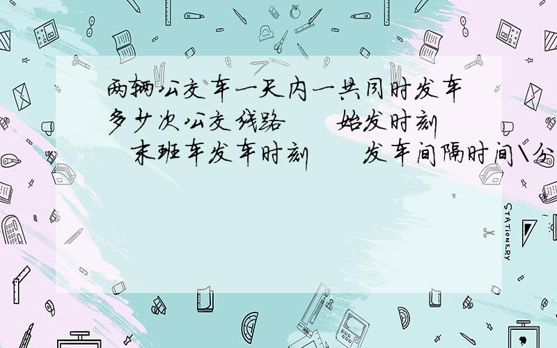 两辆公交车一天内一共同时发车多少次公交线路　　始发时刻　　末班车发车时刻　　发车间隔时间＼分1路　　　　6:00　　　　22:00　　　　　52路　　　　6:00　　　　22:00　　　　　8两辆