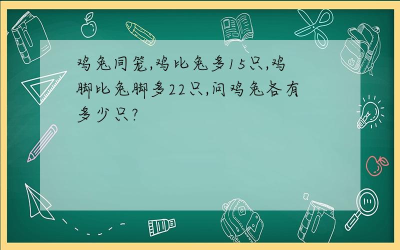 鸡兔同笼,鸡比兔多15只,鸡脚比兔脚多22只,问鸡兔各有多少只?