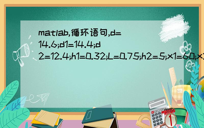 matlab,循环语句,d=14.6;d1=14.4;d2=12.4;h1=0.32;L=0.75;h2=5;x1=60;x2=14;h3=13.2;h4=2.2;a=Li=0for h=0:0.2:17.2i=i+1S0(i)=pi*d2.^2/4+pi*(d.^2-d1.^2)/4;S1(i)=pi*d*hS2(i)=pi*(d.^2-d1.^2)/4S3(i)=(h-h1)*LS4(i)=pi*(d.^2-d1.^2)/4+2*(h-h1)*Lb(i)=2*(h-h2)*t