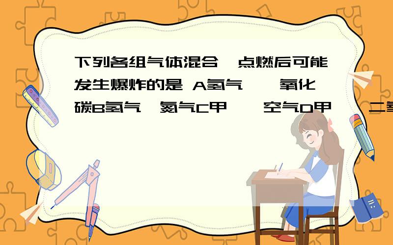 下列各组气体混合,点燃后可能发生爆炸的是 A氢气,一氧化碳B氢气,氮气C甲烷,空气D甲烷,二氧化碳