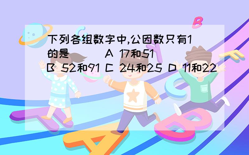 下列各组数字中,公因数只有1的是（ ） A 17和51 B 52和91 C 24和25 D 11和22