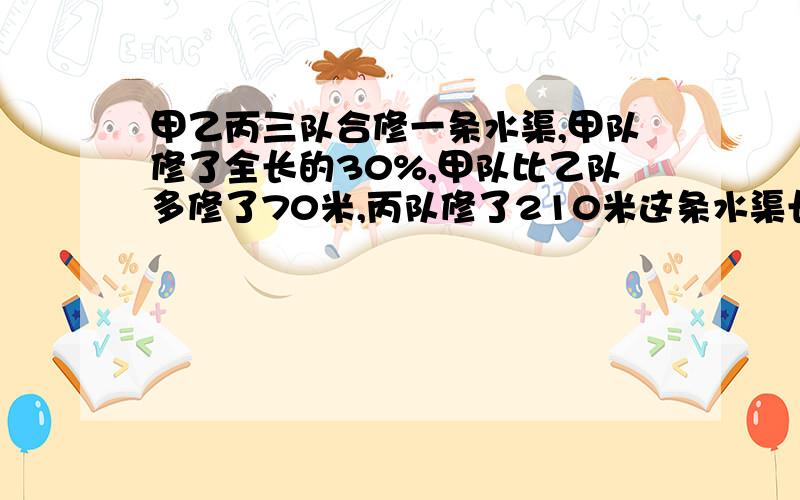 甲乙丙三队合修一条水渠,甲队修了全长的30%,甲队比乙队多修了70米,丙队修了210米这条水渠长多少米?