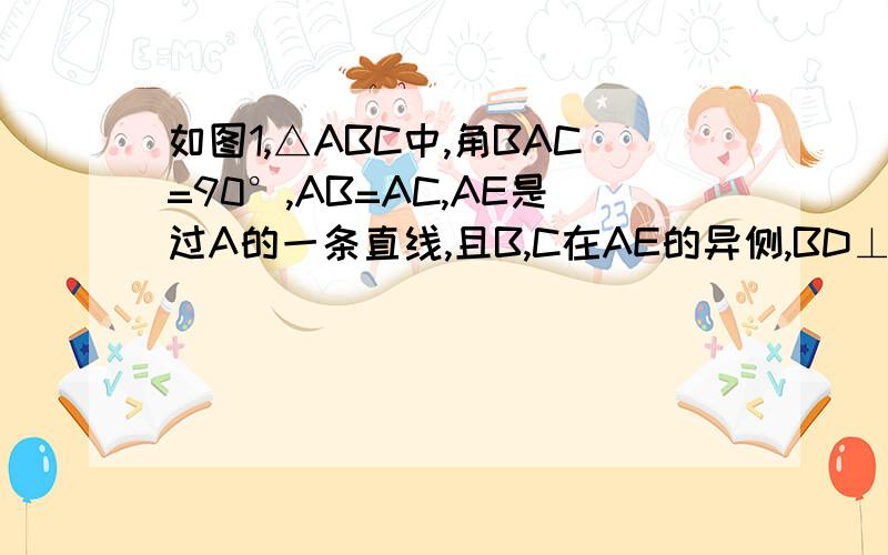 如图1,△ABC中,角BAC=90°,AB=AC,AE是过A的一条直线,且B,C在AE的异侧,BD⊥AE于D,CE⊥AE于E(1)求证BD=DE+CE;(2)若直线AE绕A点旋转在图2位置时（BD＜CE）,其余条件不变,问BD与DE,CE的关系如何?并证明之.(3)若直