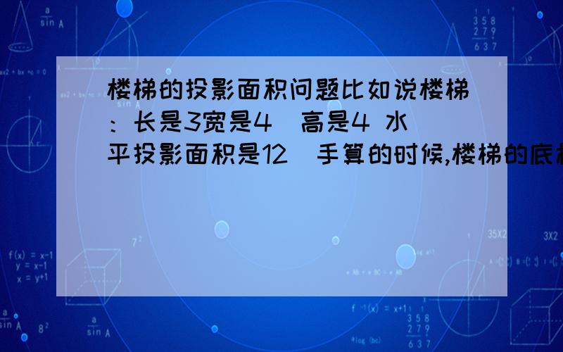 楼梯的投影面积问题比如说楼梯：长是3宽是4  高是4 水平投影面积是12  手算的时候,楼梯的底模5*4就已经20了 还不算楼梯侧面的和楼梯踏步的模板.这到底是怎么回事