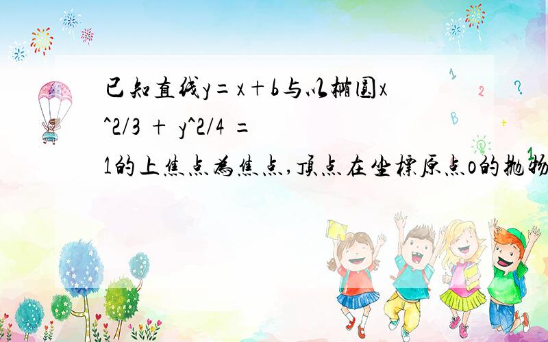 已知直线y=x+b与以椭圆x^2/3 + y^2/4 =1的上焦点为焦点,顶点在坐标原点o的抛物线交于A,B,若三角形OAB是以已知直线y=x+b与以椭圆x^2/3 + y^2/4 =1的上焦点为焦点,顶点在坐标原点O的抛物线交于A,B,若三