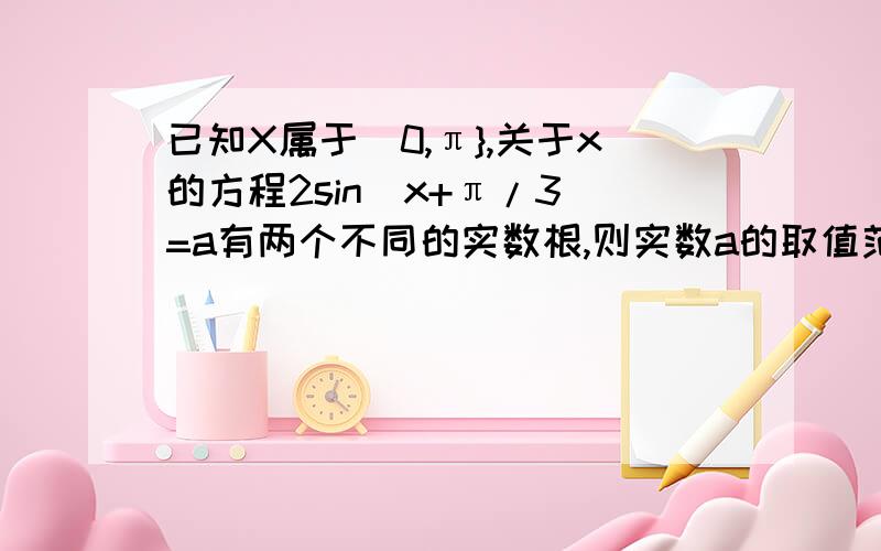 已知X属于(0,π},关于x的方程2sin(x+π/3)=a有两个不同的实数根,则实数a的取值范围