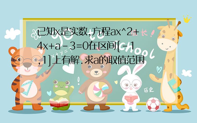 已知x是实数,方程ax^2+4x+a-3=0在区间[-1,1]上有解.求a的取值范围