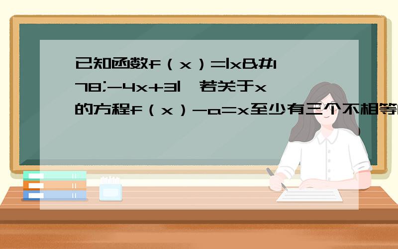 已知函数f（x）=|x²-4x+3|,若关于x的方程f（x）-a=x至少有三个不相等的实数根,求实数a的取值范围但有一步看不太懂“y’=-2x+4=1,x=3/2,y=-9/4+6-3=3/4,”y‘这个方程是怎么得出的?