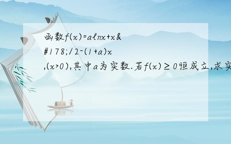 函数f(x)=alnx+x²/2-(1+a)x,(x>0),其中a为实数.若f(x)≥0恒成立,求实数a的取值范围