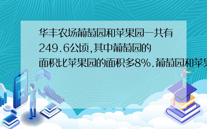 华丰农场葡萄园和苹果园一共有249.6公顷,其中葡萄园的面积比苹果园的面积多8%.葡萄园和苹果园的面积各是多少?