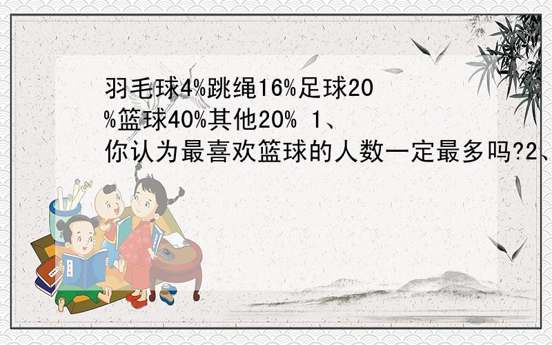 羽毛球4%跳绳16%足球20%篮球40%其他20% 1、你认为最喜欢篮球的人数一定最多吗?2、可以判断出最喜欢羽毛球的人数最少吗?请说明理由!