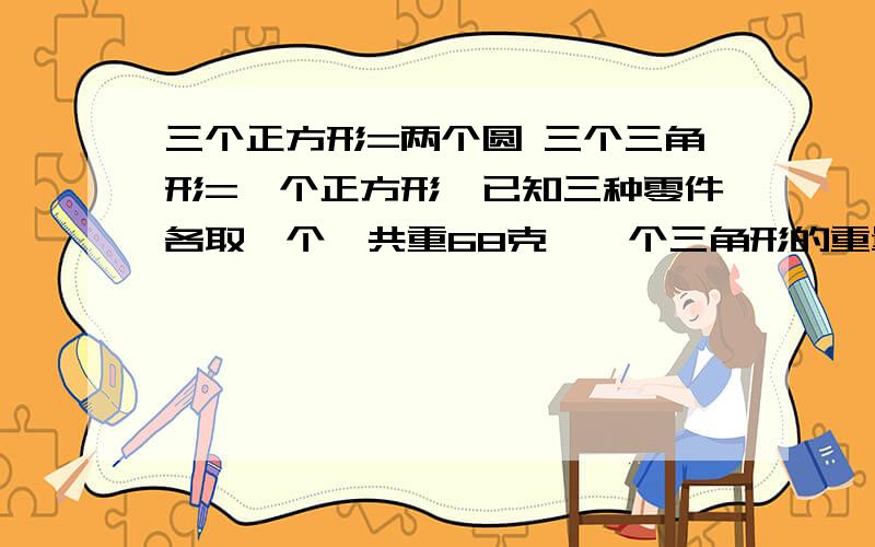 三个正方形=两个圆 三个三角形=一个正方形,已知三种零件各取一个,共重68克,一个三角形的重量一张方卓边长1米,当客人来时就把四边撑开变成一个圆,求圆的面积