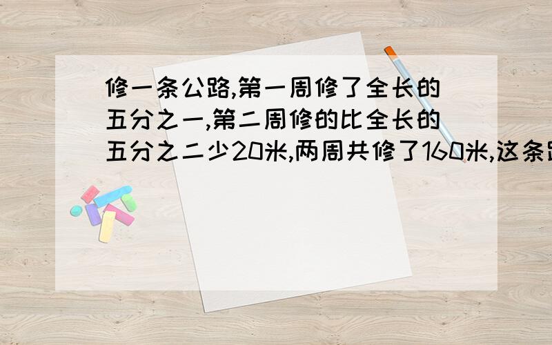 修一条公路,第一周修了全长的五分之一,第二周修的比全长的五分之二少20米,两周共修了160米,这条路一共长多少米?希望大家把算式写出来,尽量不要方程的~