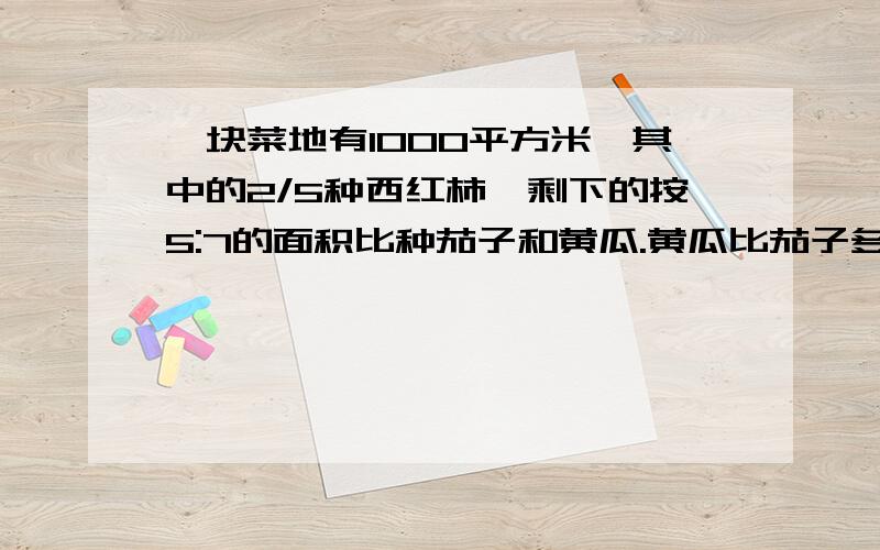 一块菜地有1000平方米,其中的2/5种西红柿,剩下的按5:7的面积比种茄子和黄瓜.黄瓜比茄子多种多少平方米?