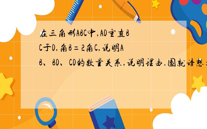 在三角形ABC中,AD垂直BC于D,角B=2角C,说明AB、BD、CD的数量关系,说明理由.图就请想象一下吧,辛苦了.可以仔细一点吗？