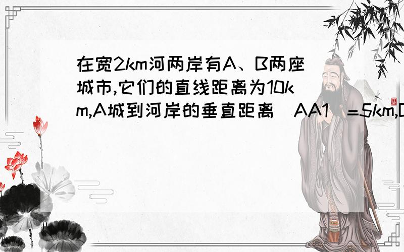 在宽2km河两岸有A、B两座城市,它们的直线距离为10km,A城到河岸的垂直距离|AA1|=5km,B城到河岸的垂直距离|BB1|=1km,现在选址建桥,使得从A到B的路程最短,则最短路程为（河两岸近似看作两条平行直