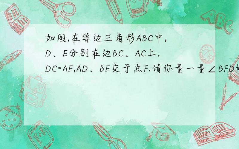 如图,在等边三角形ABC中,D、E分别在边BC、AC上,DC=AE,AD、BE交于点F.请你量一量∠BFD的度数,并证明就今天