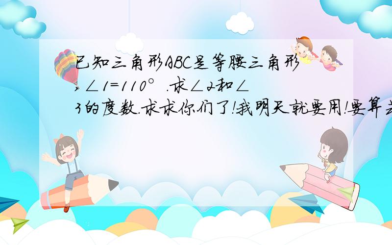 已知三角形ABC是等腰三角形,∠1=110°.求∠2和∠3的度数.求求你们了！我明天就要用！要算式