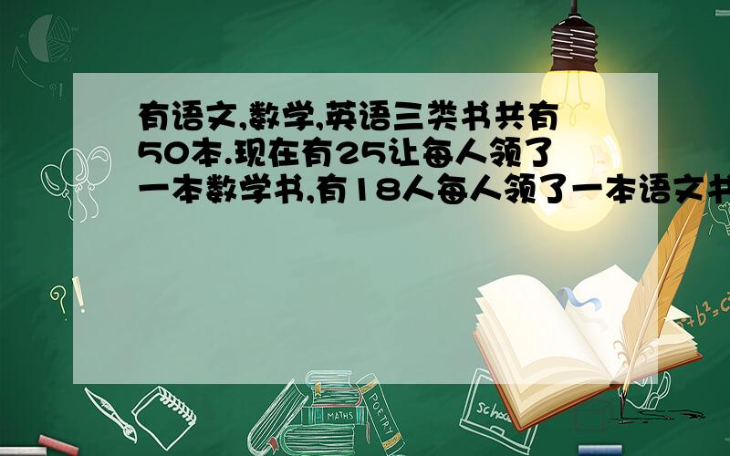 有语文,数学,英语三类书共有50本.现在有25让每人领了一本数学书,有18人每人领了一本语文书.其中既领了语文书和数学书的有8人,其余每人领一份英语书.英语书有几本?