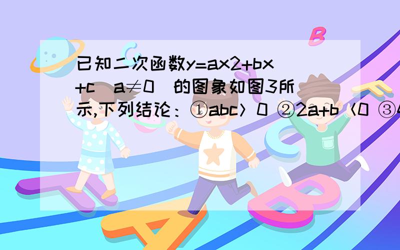 已知二次函数y=ax2+bx+c（a≠0）的图象如图3所示,下列结论：①abc＞0 ②2a+b＜0 ③4a－2b+c＜0 ④a+c＞0其中正确结论的个数为（    ）A、4个      B、3个       C、2个       D、1个第四个结论怎么证,给出