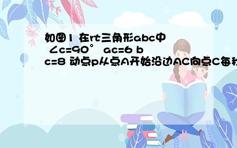 如图1 在rt三角形abc中 ∠c=90° ac=6 bc=8 动点p从点A开始沿边AC向点C每秒1个单位长度的运动速度过点P作PD平行BC,交AB于点D,连接PQ.点P,Q分别从点A,C同时出发,当其中一点到达端点时,另一点也随之停