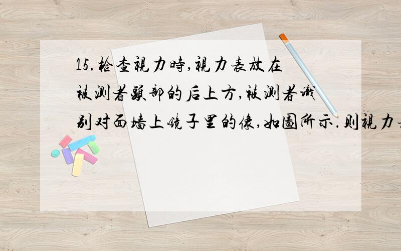 15.检查视力时,视力表放在被测者头部的后上方,被测者识别对面墙上镜子里的像,如图所示.则视力表在镜中的像与被测者的距离为( )