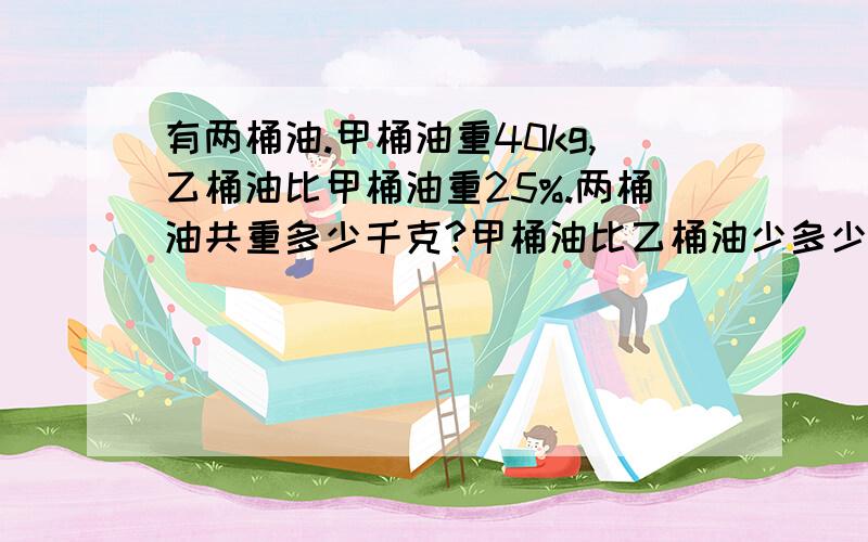 有两桶油.甲桶油重40kg,乙桶油比甲桶油重25%.两桶油共重多少千克?甲桶油比乙桶油少多少千克?