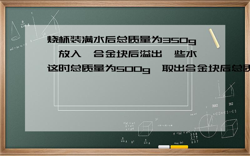 烧杯装满水后总质量为350g,放入一合金块后溢出一些水,这时总质量为500g,取出合金块后总质量为300g,求合金的密度.希望能列出公式,例如水的质量,合金的质量.怎样求体积等等.符合要求的话在