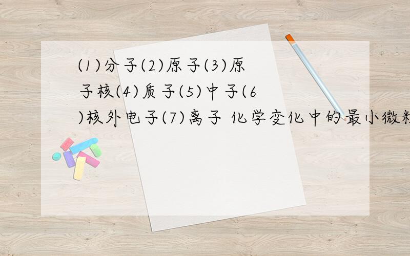 (1)分子(2)原子(3)原子核(4)质子(5)中子(6)核外电子(7)离子 化学变化中的最小微粒是(1)分子(2)原子(3)原子核(4)质子(5)中子(6)核外电子(7)离子化学变化中的最小微粒是一定带正电荷的粒子是原子得