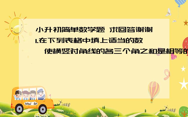 小升初简单数学题 求回答谢谢1.在下列表格中填上适当的数,使横竖对角线的各三个角之和是相等的2.{-2又四分之三}+{-3又六分之五}+{+3又四分之三}+2又六分之五