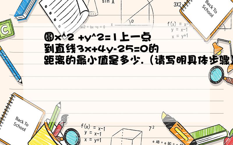 圆x^2 +y^2=1上一点到直线3x+4y-25=0的距离的最小值是多少.（请写明具体步骤）