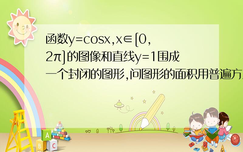 函数y=cosx,x∈[0,2π]的图像和直线y=1围成一个封闭的图形,问图形的面积用普遍方法.不要用超过知识范围的方法.