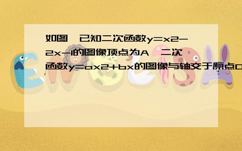 如图,已知二次函数y=x2-2x-1的图像顶点为A,二次函数y=ax2+bx的图像与轴交于原点O及另一点C,它的顶点在函它的顶点在函数y=x2-2x-1的图像的对称轴上（1）求点A与点C的坐标（2）当四边形AOBC为菱形