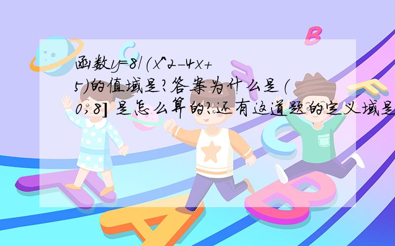 函数y=8/(x^2-4x+5)的值域是?答案为什么是（0,8] 是怎么算的?还有这道题的定义域是什么呀?