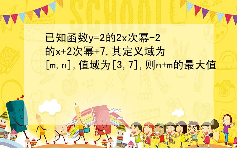 已知函数y=2的2x次幂-2的x+2次幂+7,其定义域为[m,n],值域为[3,7],则n+m的最大值