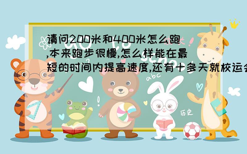 请问200米和400米怎么跑,本来跑步很慢,怎么样能在最短的时间内提高速度,还有十多天就校运会了..