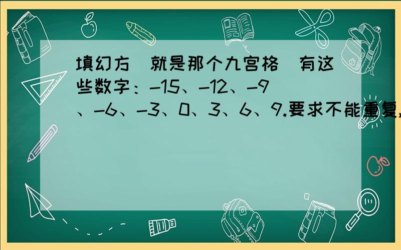 填幻方（就是那个九宫格）有这些数字：-15、-12、-9、-6、-3、0、3、6、9.要求不能重复,横、竖斜对角的和要相等.按正确的顺序排出来就好了.如：1 2 34 5 67 8 9