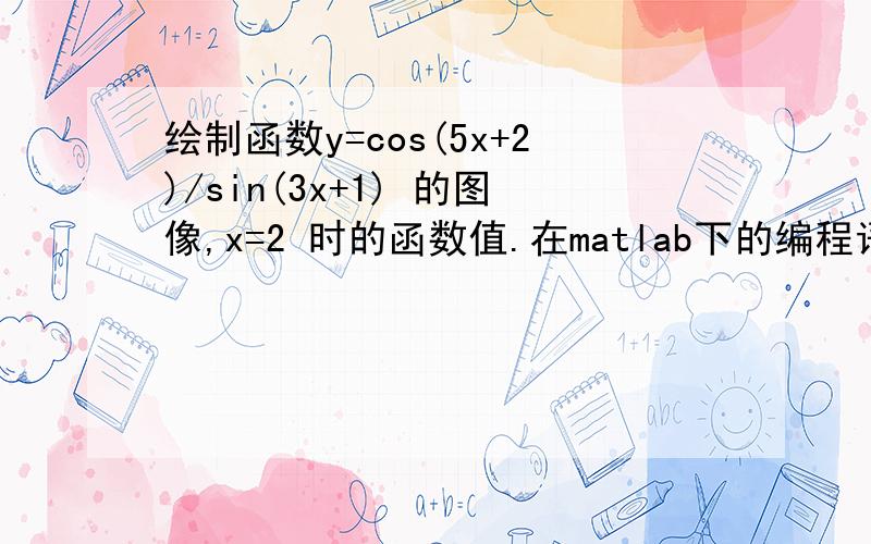 绘制函数y=cos(5x+2)/sin(3x+1) 的图像,x=2 时的函数值.在matlab下的编程语言怎么写?