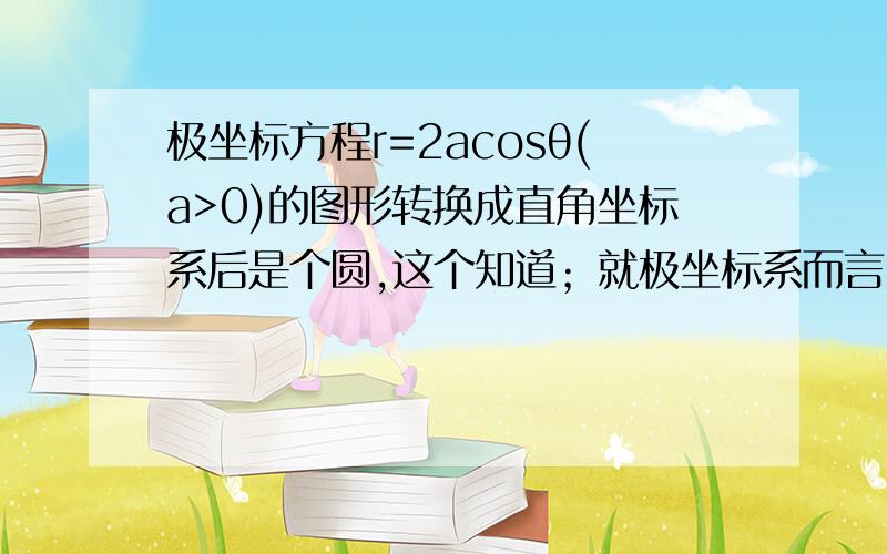 极坐标方程r=2acosθ(a>0)的图形转换成直角坐标系后是个圆,这个知道；就极坐标系而言,θ从0～2π变化的过程中,2acosθ经历了(0,2a),(π/2,0),(π,-2a),(3π/2,0),(2π,2a)这几个点,描绘出图形应该如下图所