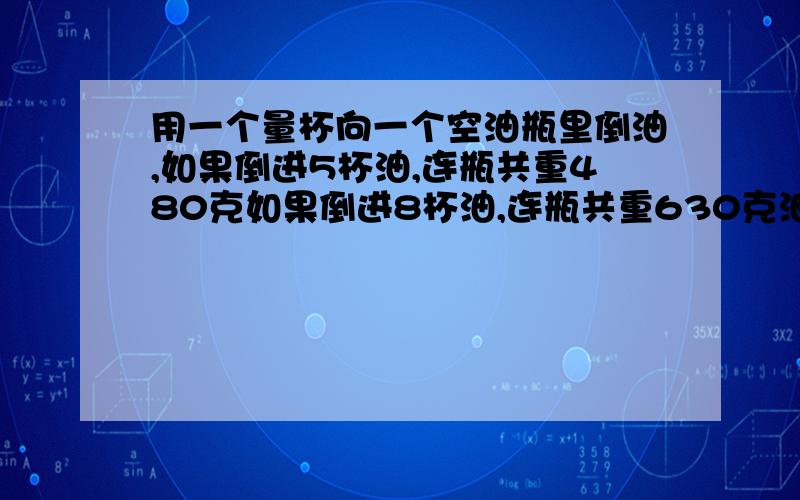 用一个量杯向一个空油瓶里倒油,如果倒进5杯油,连瓶共重480克如果倒进8杯油,连瓶共重630克油瓶重多少克